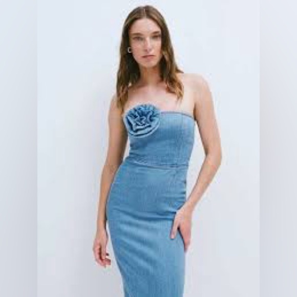 Reformation Blue Ruched Strapless Sheath Dress - Picture 4 of 6